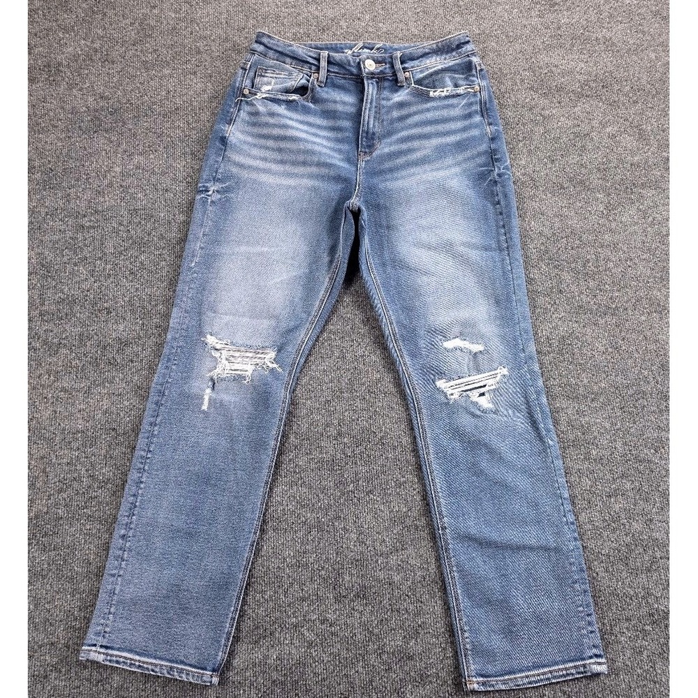 Of Luck Jeans Womens High Rise Straight Leg Distressed‎ Medium Wash Size 8